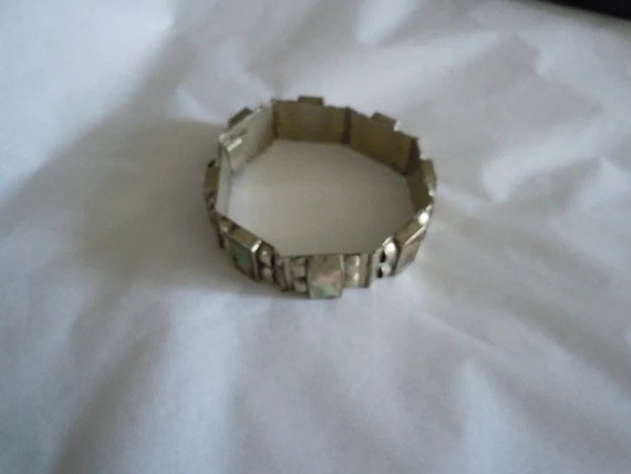 Vintage Abalone Link Stone Bracelet Signed Silver… - image 2