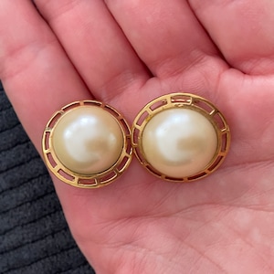 Vintage Pair Large Pearl Gold Tone Clip Earrings
