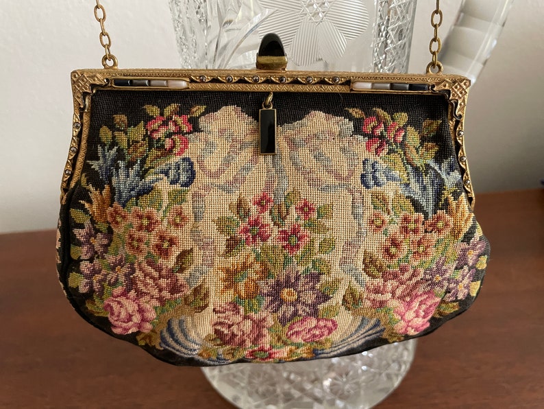 Vintage Antique 1920s 30s French Petit Point Evening Bag Purse Jeweled Frame image 2