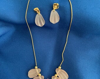 Vintage Avon Pink Glass Bead Gold-Tone Necklace Pair Matching Pierced Earrings