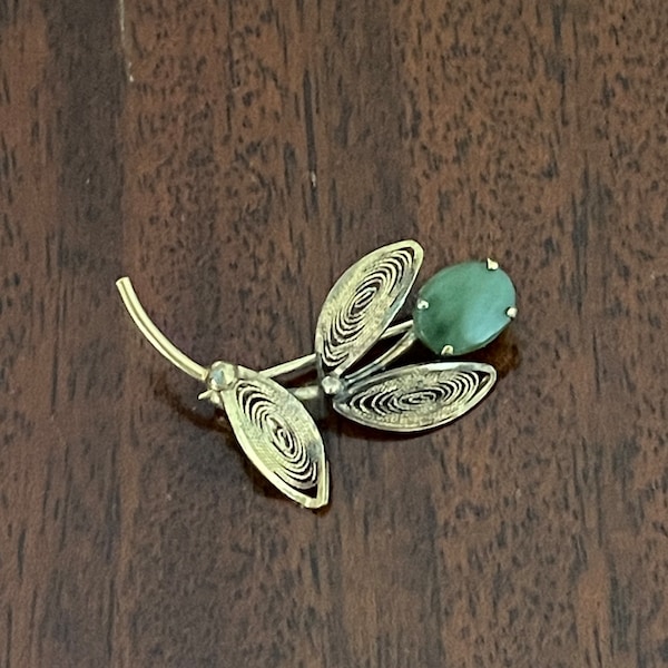 Vintage Sterling Silver Gold Filigree Jade Flower Brooch