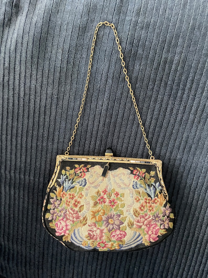 Vintage Antique 1920s 30s French Petit Point Evening Bag Purse Jeweled Frame image 8