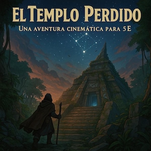 May include: Illustration of a person in a hooded cloak walking towards a stone pyramid at night. The pyramid is overgrown with vegetation and has a glowing blue doorway. The text "EL TEMPLO PERDIDO" is at the top.