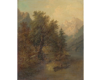 Vintage print op een bergmeer: poster rustiek berglandschap