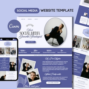 Può includere: Un modello di sito web di marketing digitale nei toni del viola e del bianco, con un mockup di telefono e un layout del sito web. Il design include il testo "SOCIAL MEDIA WEBSITE TEMPLATE" e "Your SOCIAL MEDIA Growth Strategist."
