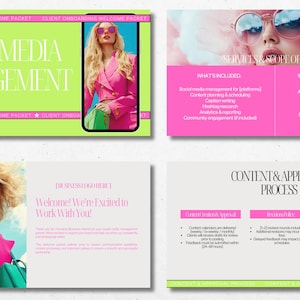 May include: A presentation with a lime green and pink color scheme. The text reads "Social Media Management" and "Welcome! We're Excited to Work With You!". The presentation includes a photo of a woman in a pink blazer and sunglasses.