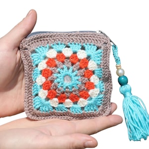 Petit sac à main carré grand-mère - Porte-cartes au crochet, étui AirPod coloré fait main, sac cadeau en vrac pour les invités, portefeuille bohème