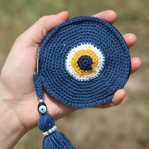 Evil Eye Crochet Portemonnaie, marineblaue Airpod-Hülle, handgefertigter Kartenhalter, Glücksgeschenk, handgefertigte Geldbörse