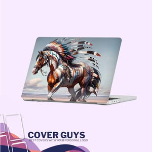 May include: Laptop cover featuring a detailed illustration of a horse adorned with Native American tribal designs and a feathered headdress. The horse is depicted in motion against a backdrop of a beach and sky. The cover has the text "COVER GUYS" at the bottom.