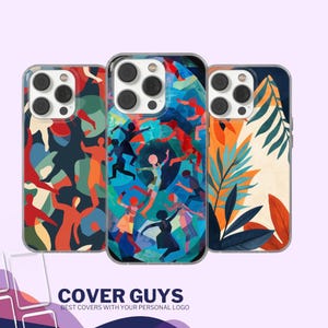 May include: Three phone cases with colorful abstract designs. One case features a pattern of red, orange, and navy shapes. Another has a blue and red abstract design with dancing figures. The third case displays orange and green foliage.