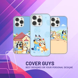 May include: Three phone cases featuring cartoon characters. The cases have different backgrounds, including a house, floral patterns, and a landscape. The text "COVER GUYS" and "BEST DESIGNS OR YOUR PERSONAL DESIGNE" are visible at the bottom.