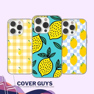 May include: Three phone cases featuring lemon designs. One case has a yellow gingham pattern with lemons, another has a turquoise background with large lemons and green leaves, and the third has a blue and white checkered pattern with lemons. The text "COVER GUYS" is at the bottom.
