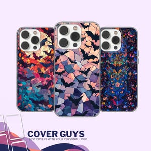 May include: Three phone cases with unique designs. One features a colorful stained-glass style with bats and a moon. Another has a mosaic pattern with bat silhouettes. The third case has a stained-glass design with bats. The text "COVER GUYS" is at the bottom.