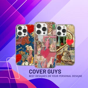 May include: Three phone cases with medieval art designs. The cases feature illustrations with figures, hearts, and historical scenes. The text "COVER GUYS" and "BEST DESIGNS OR YOUR PERSONAL DESIGNE" are visible at the bottom of the image.