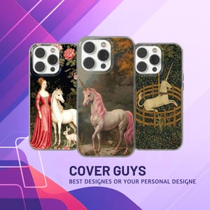May include: Three phone cases with unicorn designs. One case features a woman in a red dress with a white unicorn. Another case has a pink-maned unicorn. The third case shows a unicorn behind a fence. The cases have a clear border.