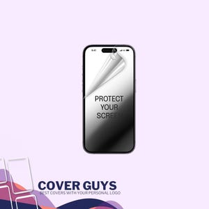 Peut inclure: Un smartphone noir avec un protecteur d'écran partiellement décollé, affichant le texte "PROTECT YOUR SCREEN". L'image montre un protectteur d'écran en cours d'application. Le fond est de couleur violet clair.