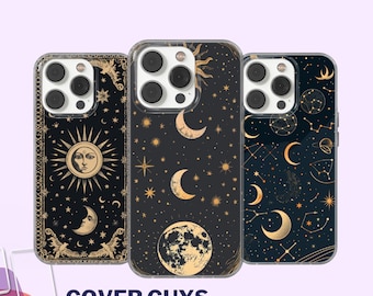 May include: Three phone cases with celestial designs. The cases feature gold suns, moons, and stars on a black background. The text "COVER GUYS" and "BEST COVERS WITH YOUR PERSONAL LOGO" are at the bottom.