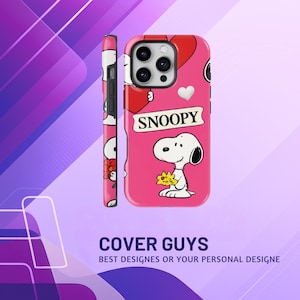 May include: A pink phone case featuring Snoopy from Peanuts. The case has a Snoopy graphic holding a yellow flower, a red heart, and the word "Snoopy" in a white banner. The side of the case also shows Snoopy and a flower.