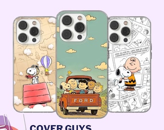 Può includere: Tre custodie per telefono con Snoopy e i personaggi di Peanuts. Una custodia presenta Snoopy in una cuccia rossa con uno sfondo di mappa. Un'altra mostra i personaggi in un camion Ford rosso. La terza custodia ha un design a fumetti.