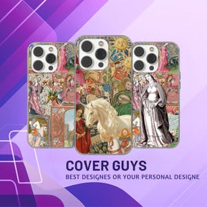 May include: Three phone cases with medieval art designs. The cases feature images of a unicorn, figures in gowns, and other historical illustrations. The cases are clear with a colorful design. The text "COVER GUYS" and "BEST DESIGNS OR YOUR PERSONAL DESIGNE" is visible.
