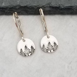 Tiny Stamped Tree Earrings with Lever-back Ear Wires in Sterling Silver, Handmade Women's Earrings