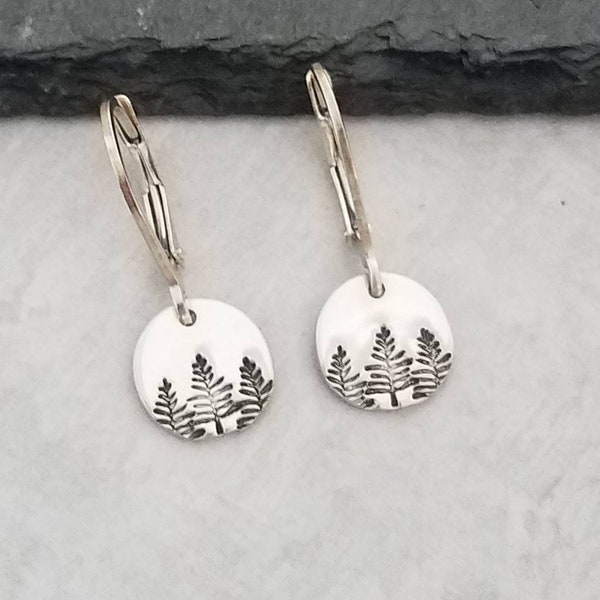 Tiny Stamped Tree Earrings with Lever-back Ear Wires in Sterling Silver, Handmade Women's Earrings