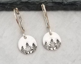 Tiny Stamped Tree Earrings with Lever-back Ear Wires in Sterling Silver, Handmade Women's Earrings