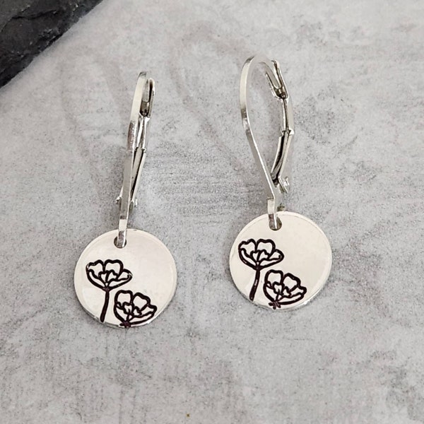 Poppy Lever-backs, Handmade Lever backs in Sterling Silver, Poppies Earrings