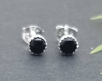 Dainty Black Onyx Studs | Tiny Sterling Silver Earrings  | 4mm Black Onyx | Second Piercing