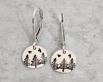 Tiny Stamped Tree Earrings with Lever-back Ear Wires in Sterling Silver, Trees with Birds in Flight Earrings, Handmade Women's Earrings