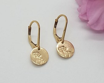 Tiny Gold Poppies Earrings, Hand Stamped Earrings in Gold Fill with Lever Back Ear Wires,  Gift for Mom