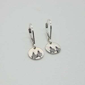 Tiny Stamped Pair of Tree Earrings with Lever-back Ear Wires in Sterling Silver, Handmade Women's Earrings