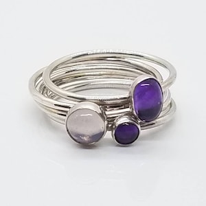 Purple Ring Stack, Sterling Silver Rings, Amethyst and Lavender Moonstone, Set of 5 Rings