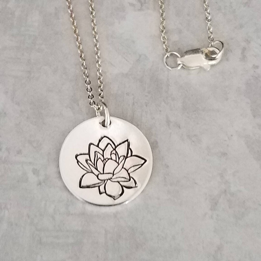 Lotus Flower Coin Necklace, July Birthday Flower Pendant, Sterling
