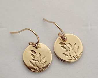 Gold Foliage Earrings, Handstamped Willow Leaf Earrings in Gold Filled, Gift for Women