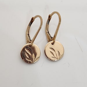 Tiny Gold Willow Leaf Earrings, Hand Stamped Earrings in Gold Fill with Lever Back Ear Wires,  Gift for Mom