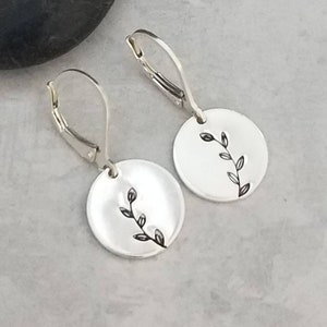 Sterling Silver Botanical Earrings, Hand Stamped Earrings, Leaf Design, Dangle Lever-backs .925