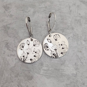 Silver Wildflower Leverback Earrings, Hand Stamped in Sterling Silver