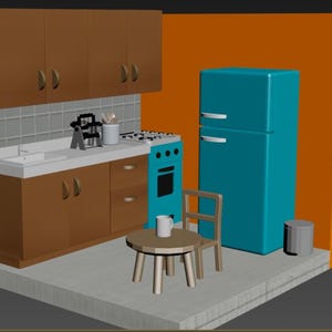 1/12 Scale Retro Miniature Kitchen Set – 3D Printable STL Files | Dollhouse Furniture for 3D Printing