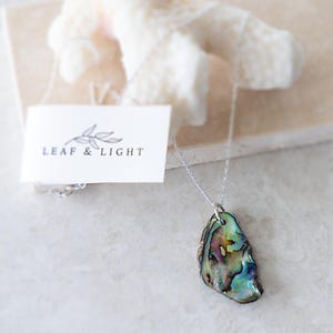 Sterling Silver Paua Shell Necklace, Iridescent Abalone Seashell Pendant, Handmade Coastal Ocean Beach Jewelry, Sustainable Gift for Her