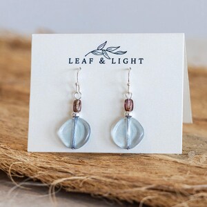 Coastal Blue Earrings with Brown Accents, Luminous Czech Glass Disc Drops, Silver Plated Lightweight Dangles