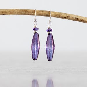 Purple Long Drop Earrings, Luminous Czech Glass Dangles, Silver Plated Slender Faceted Earrings, Lightweight Jewelry