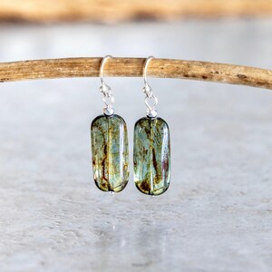 Beach Moss Green Czech Glass Rectangle Earrings, Olive Drop Earrings, Silver Plated Handmade Dangles, Geometric Jewelry