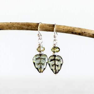 Lustrous Green Leaf Earrings, Silver Plated Czech Glass Dangles, Lightweight Moss Green Drops, Botanical Jewelry
