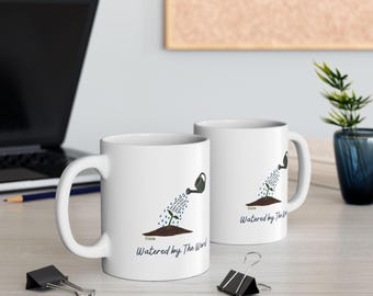 Christian Ceramic Mug: Bible Verse Watering Can Design