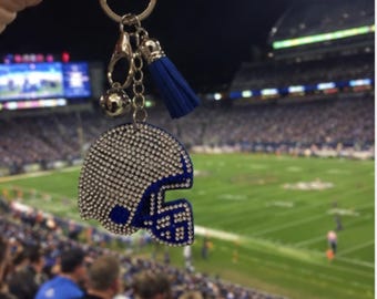 Sparkly Blue Rhinestone Football Helmet Keychain, Silver Tassel Bag Charm