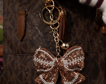 Rhinestone Bow Keychain | Sparkly Tassel Bag Charm | Gameday Purse Accessory