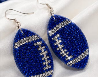 Blå & silverfärgade fotbollsörhängen | Glittriga örhängen för matchdagen | Smycken med strass | Accessoar för Tailgate-outfit