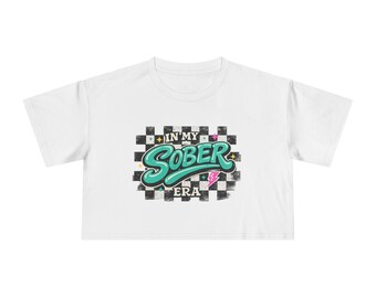 Camiseta corta para mujer con estampado de cuadros verde azulado de Sober Era / Tema de recuperación de la sobriedad