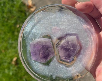 Plato de resina de cristal de amatista hecho a mano: porta joyas con brillo brillante